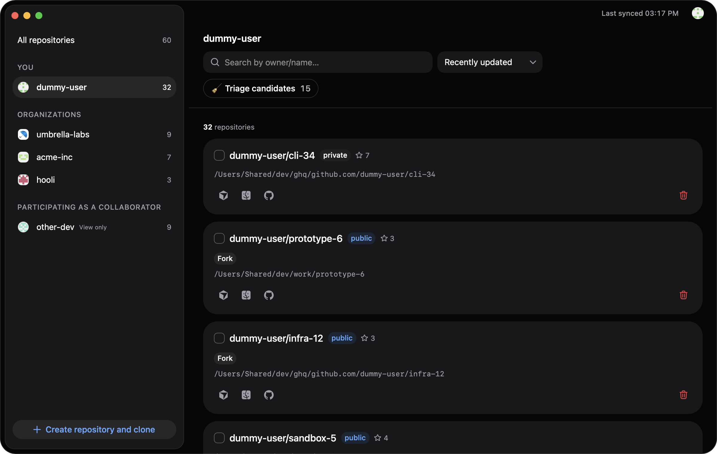 The rererepo main window: an owner sidebar on the left, GitHub repository cards on the right with the Cleanup targets filter pill