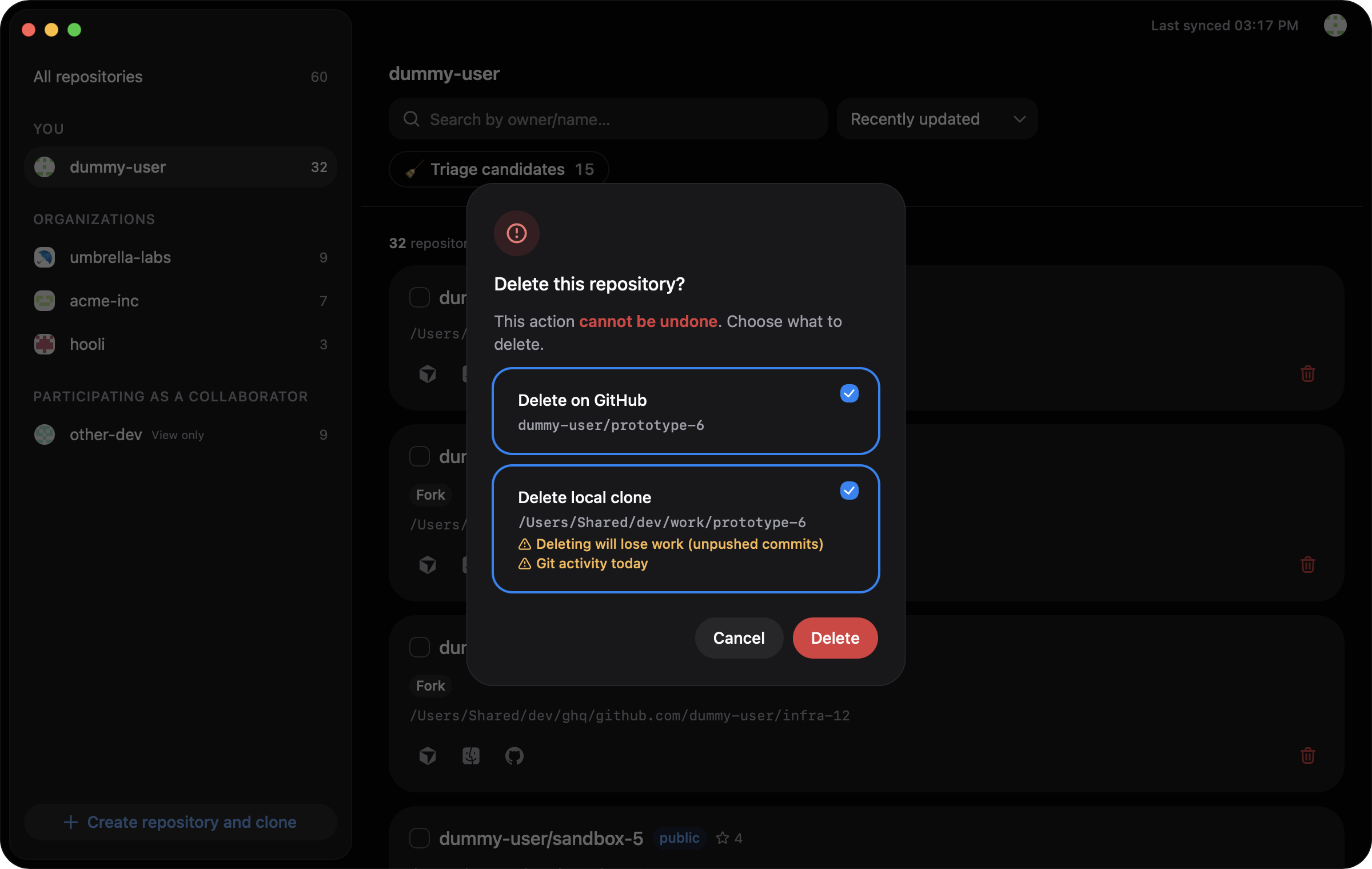The delete dialog with 'Delete on GitHub' and 'Delete local clone' checkboxes and a 'Deleting will lose work (unpushed commits)' warning on the local clone