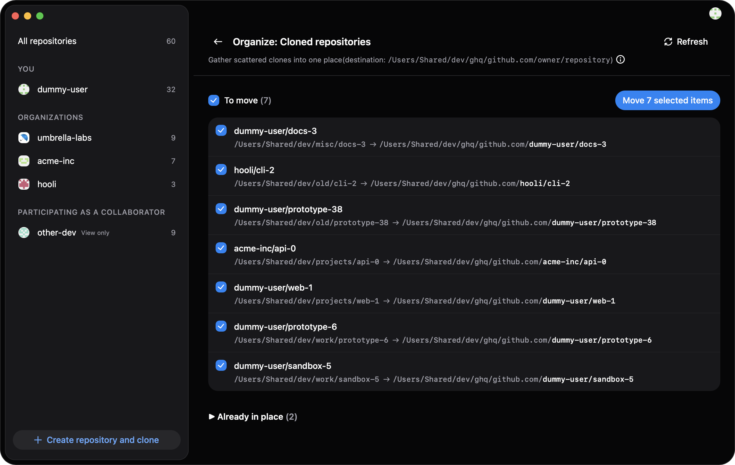 The organize screen: 7 clones to move, each with its current path and its ghq destination, and a 'Move 7 selected items' button